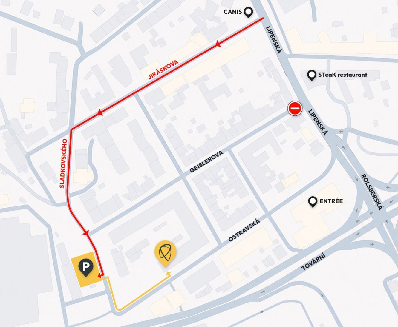 Mapa příjezdu a pěší trasy k ordinaci 3 Kameny
